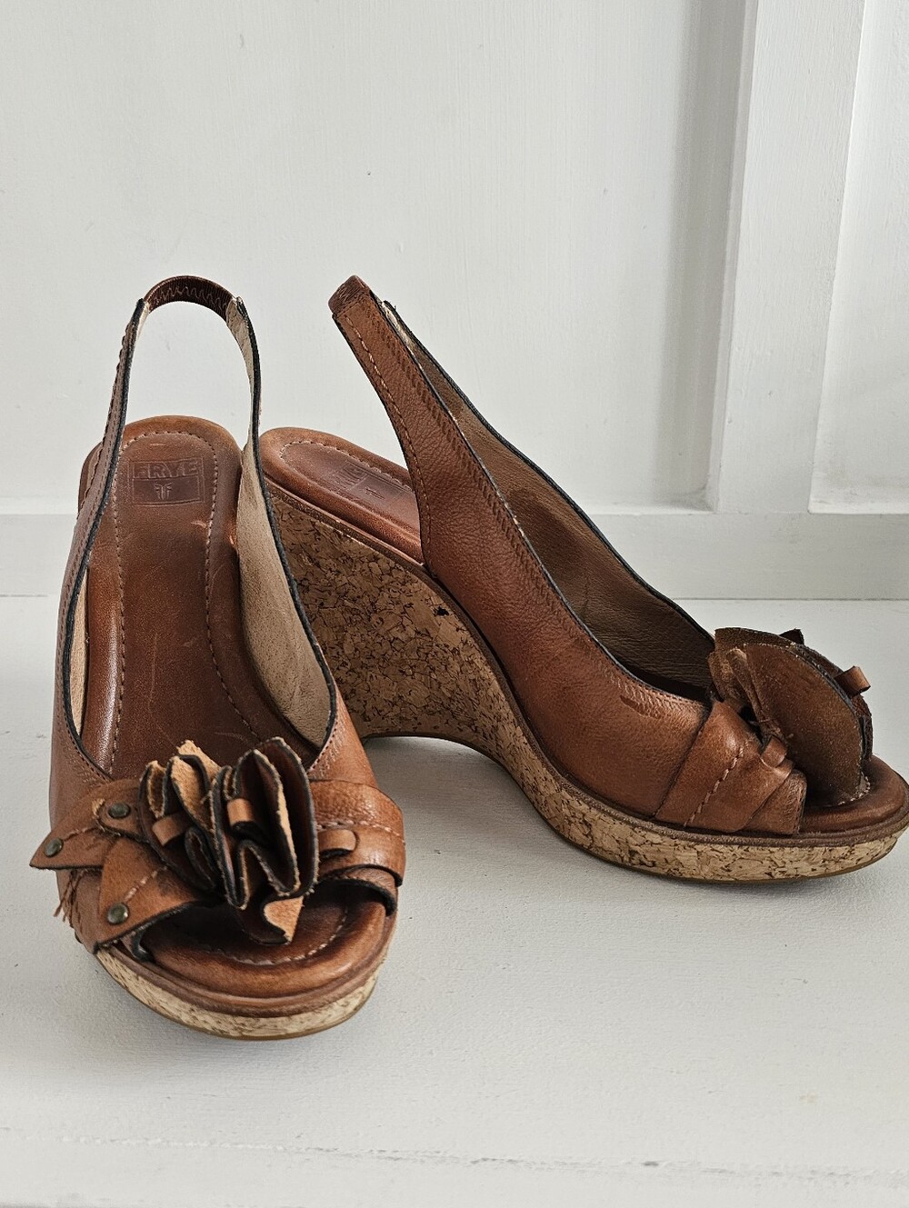 Frye Leather Cork Wedge Heel Sandals